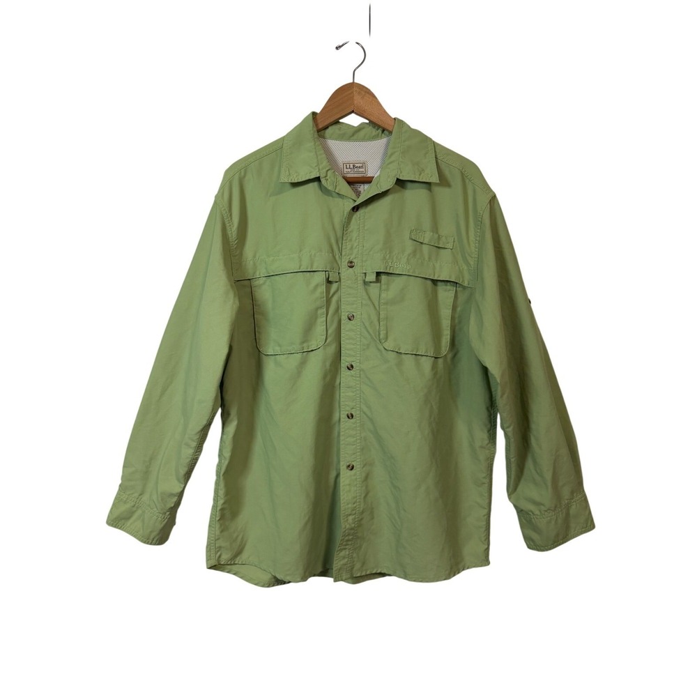 LL Bean Fishing Shirt Mens Size M Green Long Sleeve Vented Back Pockets Nylon